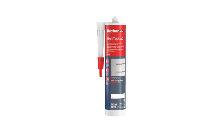 Wasserbasierter fischer High Tack AC Montageklebstoff mit hoher Anfangshaftung. Ideal für starke und dauerhafte Verklebungen im Innenbereich. Inhalt: 310 ml, Farbe: Weiß.